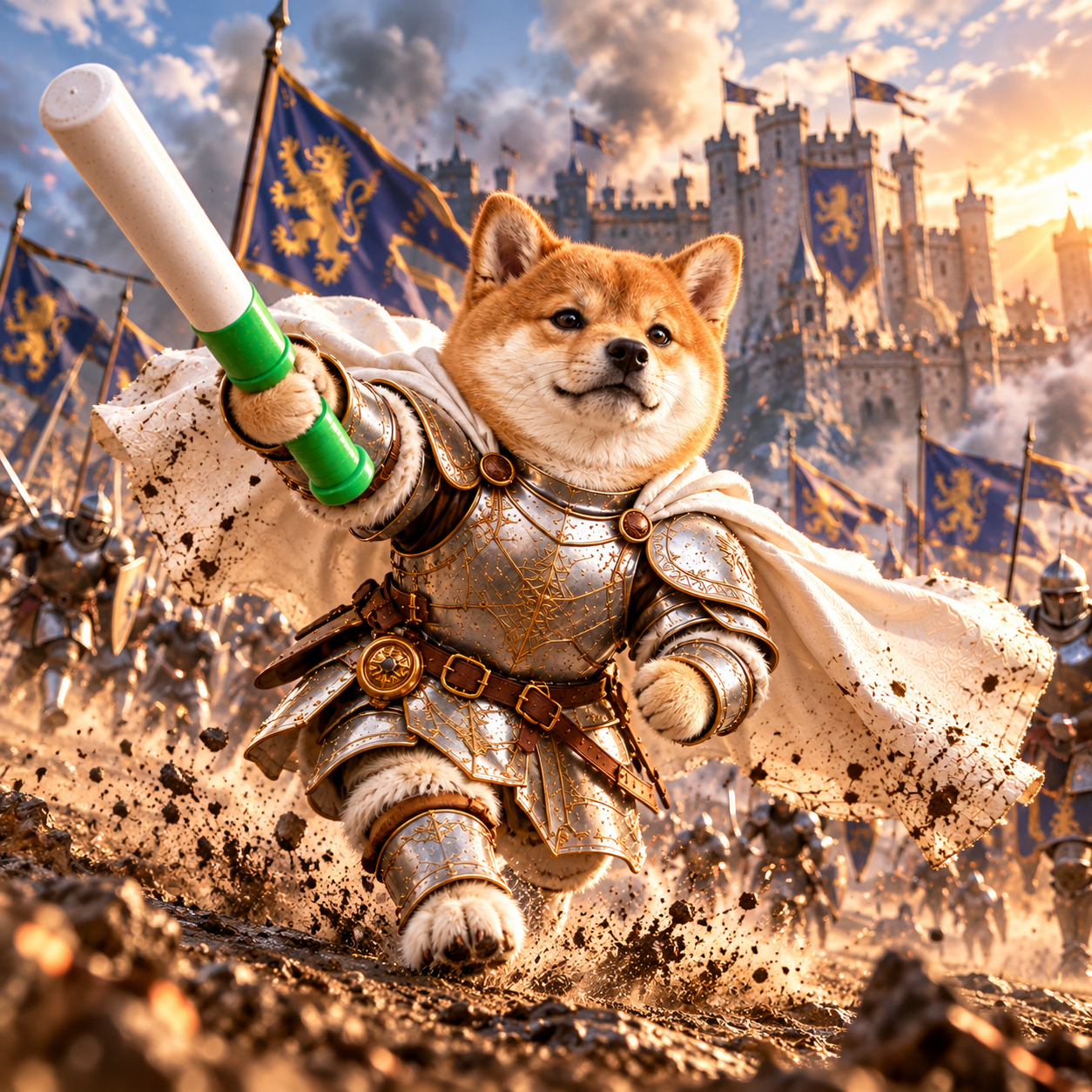 Shiba knight charging with his green baton in front of a castle at sunset