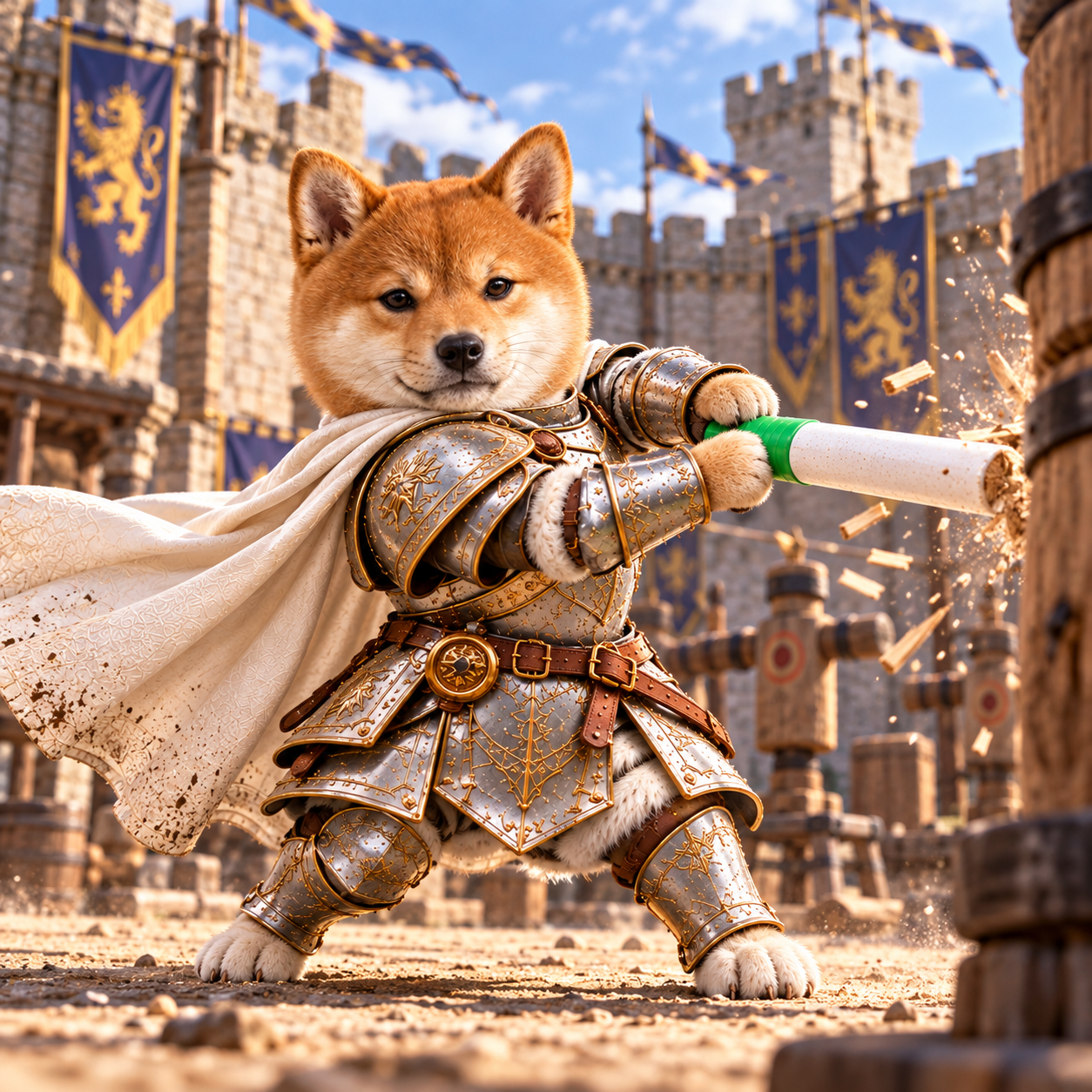 Shiba knight striking a wooden training post with his green baton