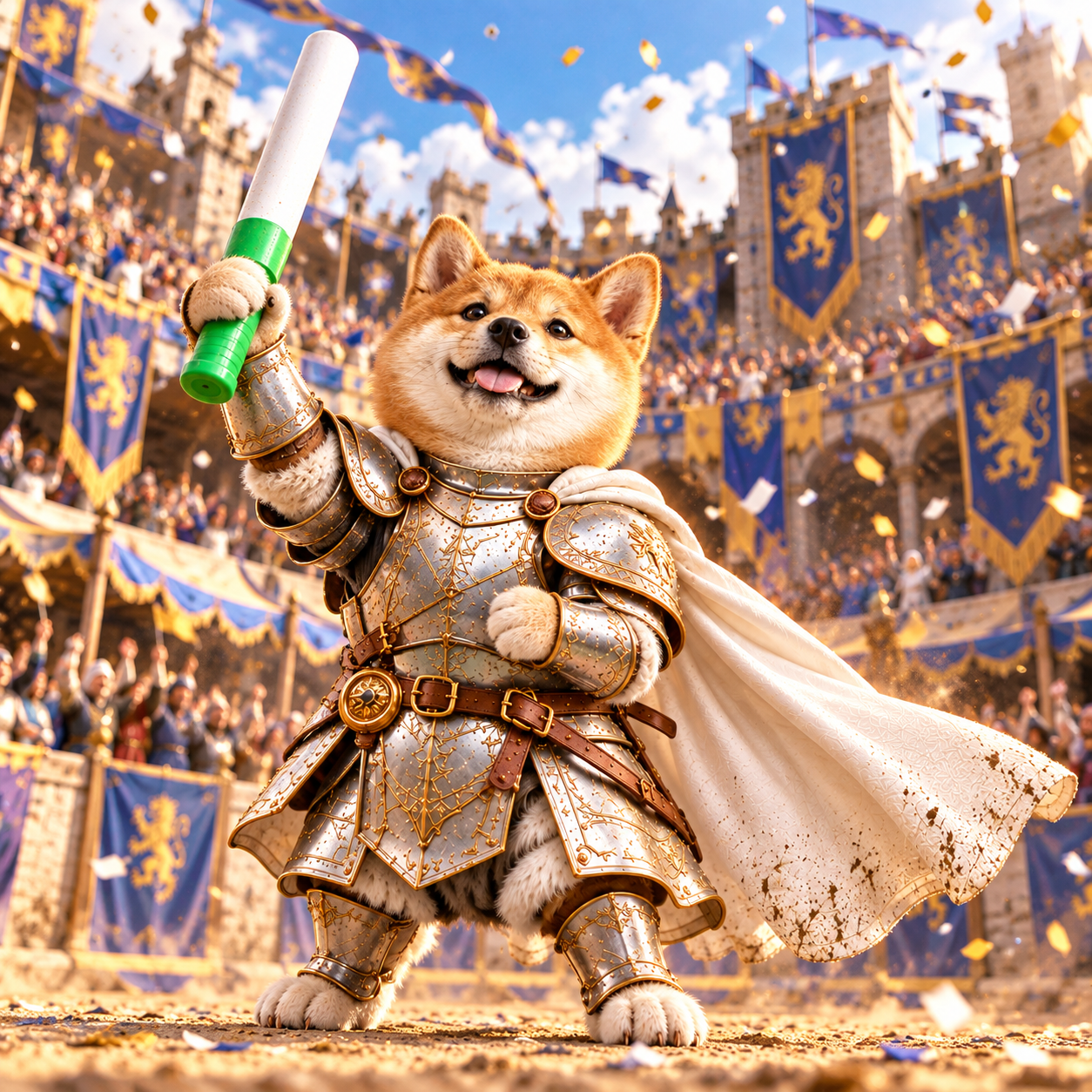 Shiba knight raising his green baton in a castle arena filled with confetti