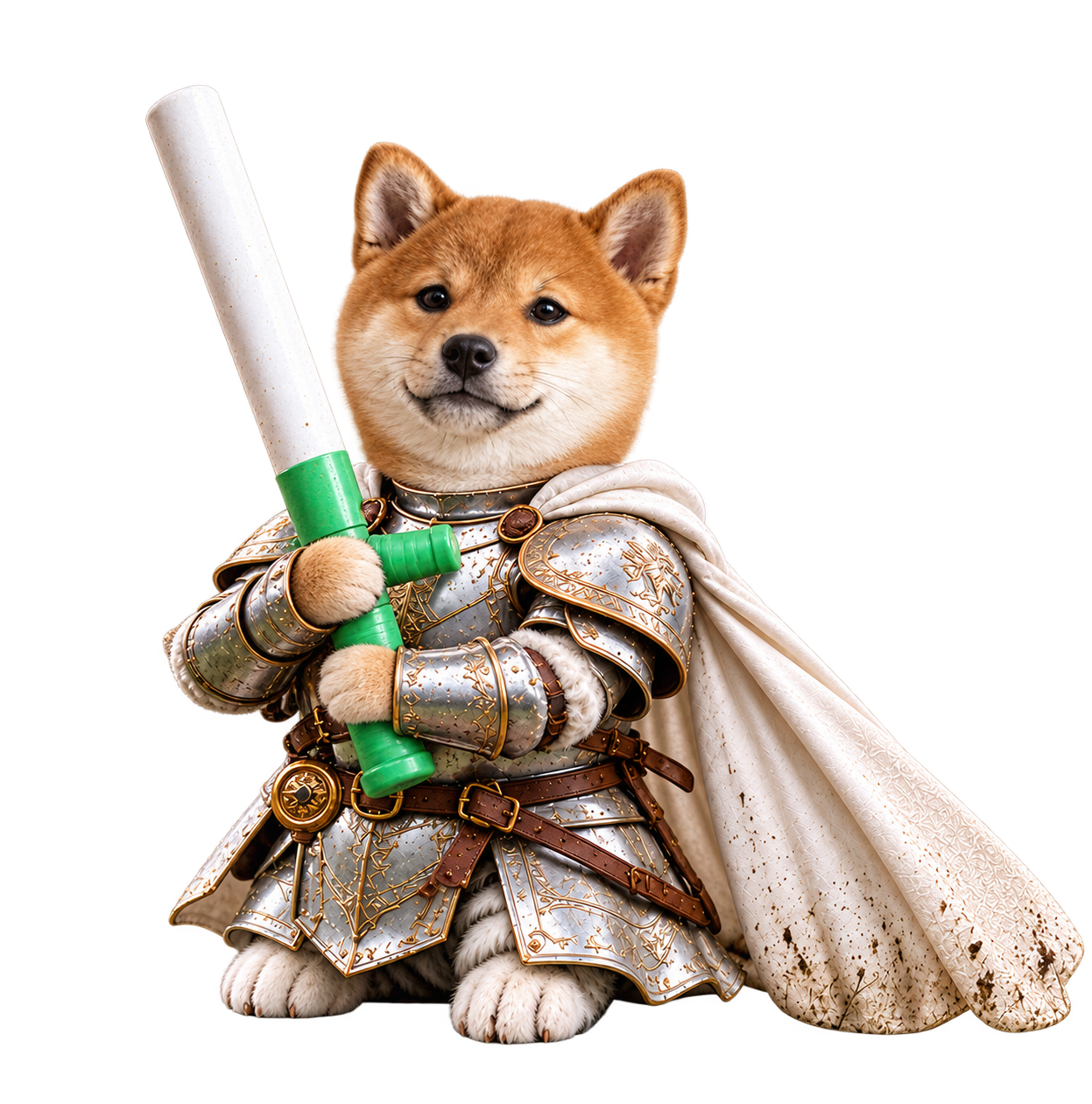 Shiba Inu knight in silver and gold armor with a white cape, holding a green-handled baton
